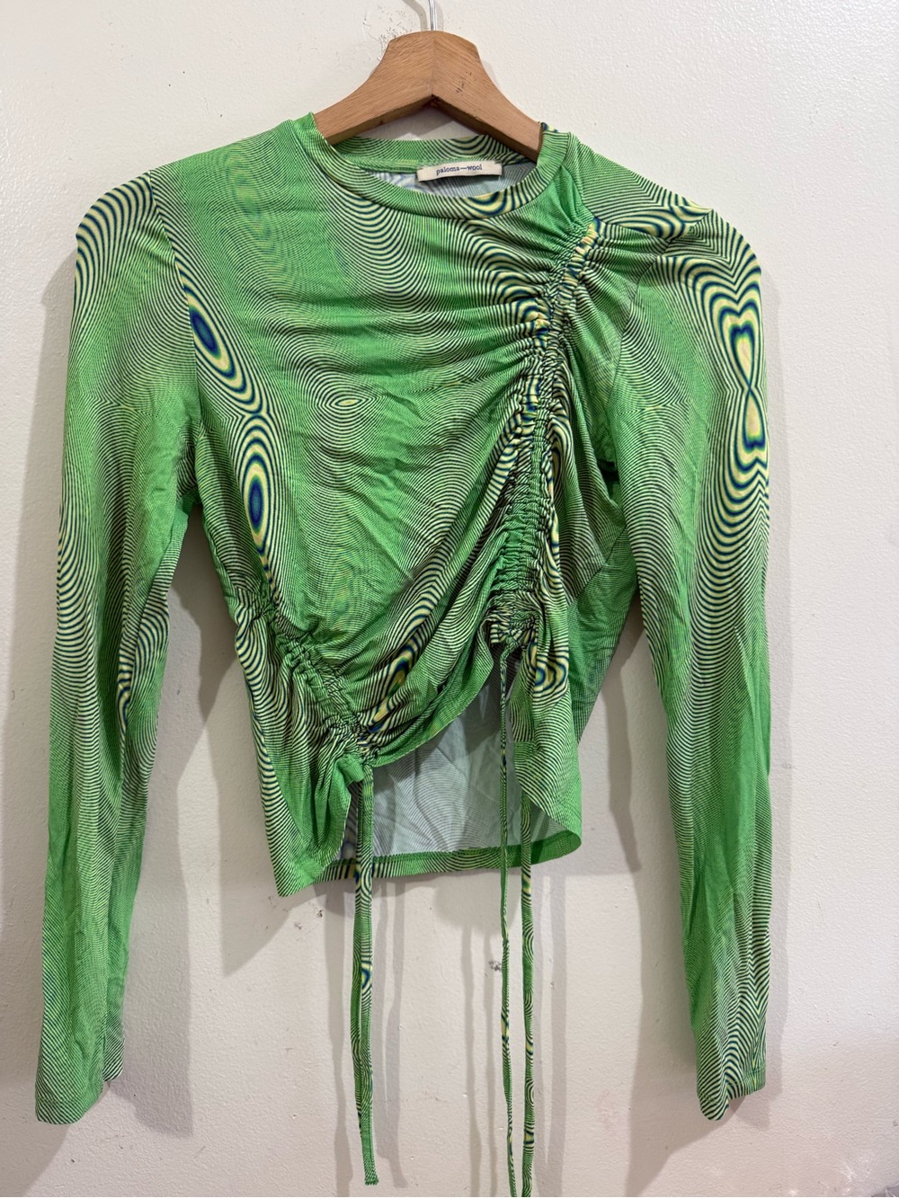 Paloma Wool Green Ruched Abstract-Print Long Sleeve Top